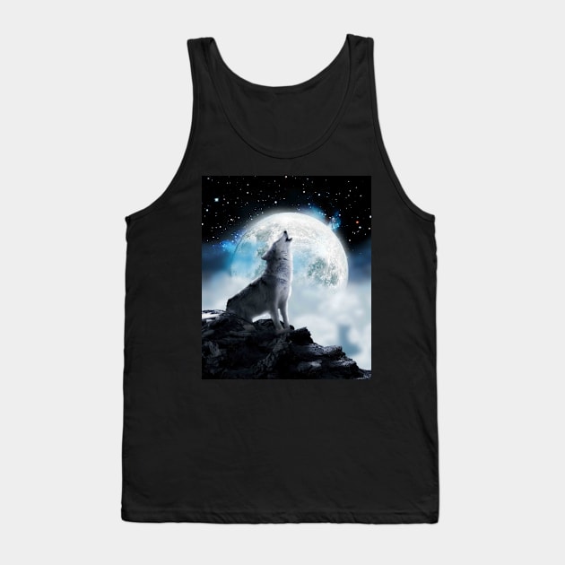 Cosmic Space Wolf Wolves Howling At Moon Tank Top by Random Galaxy